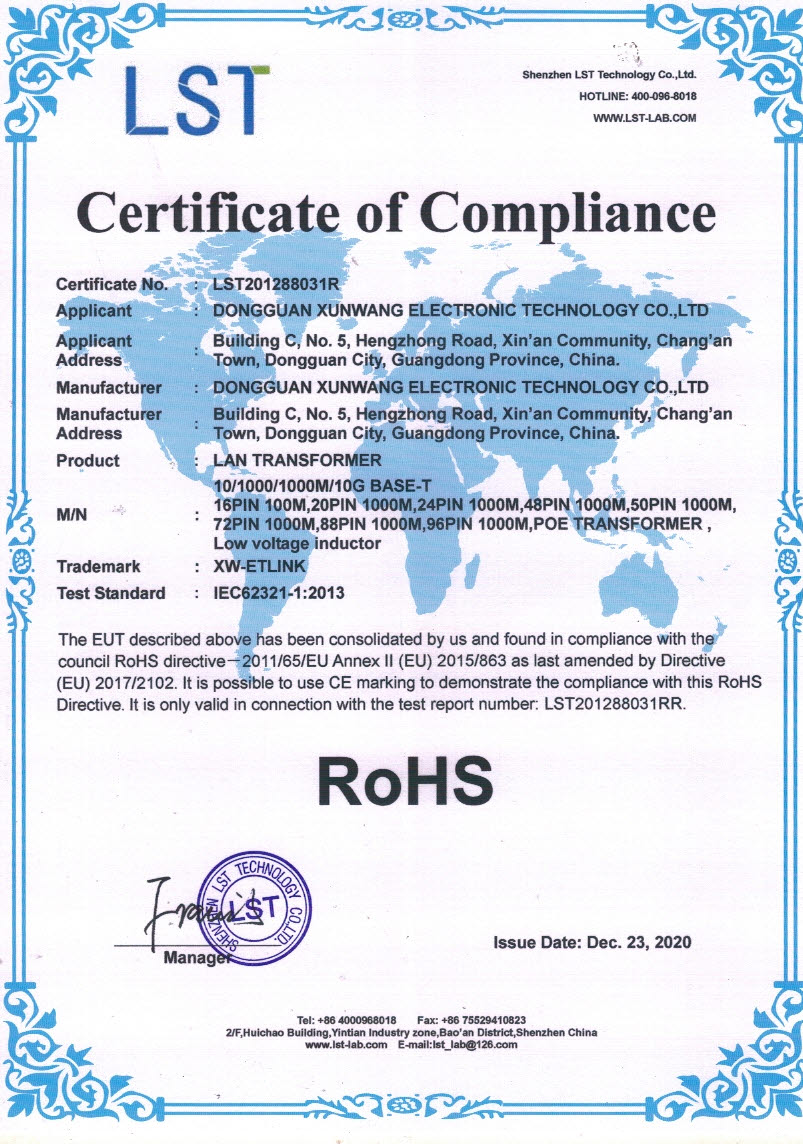 Lan Transformer ROHS Certificate